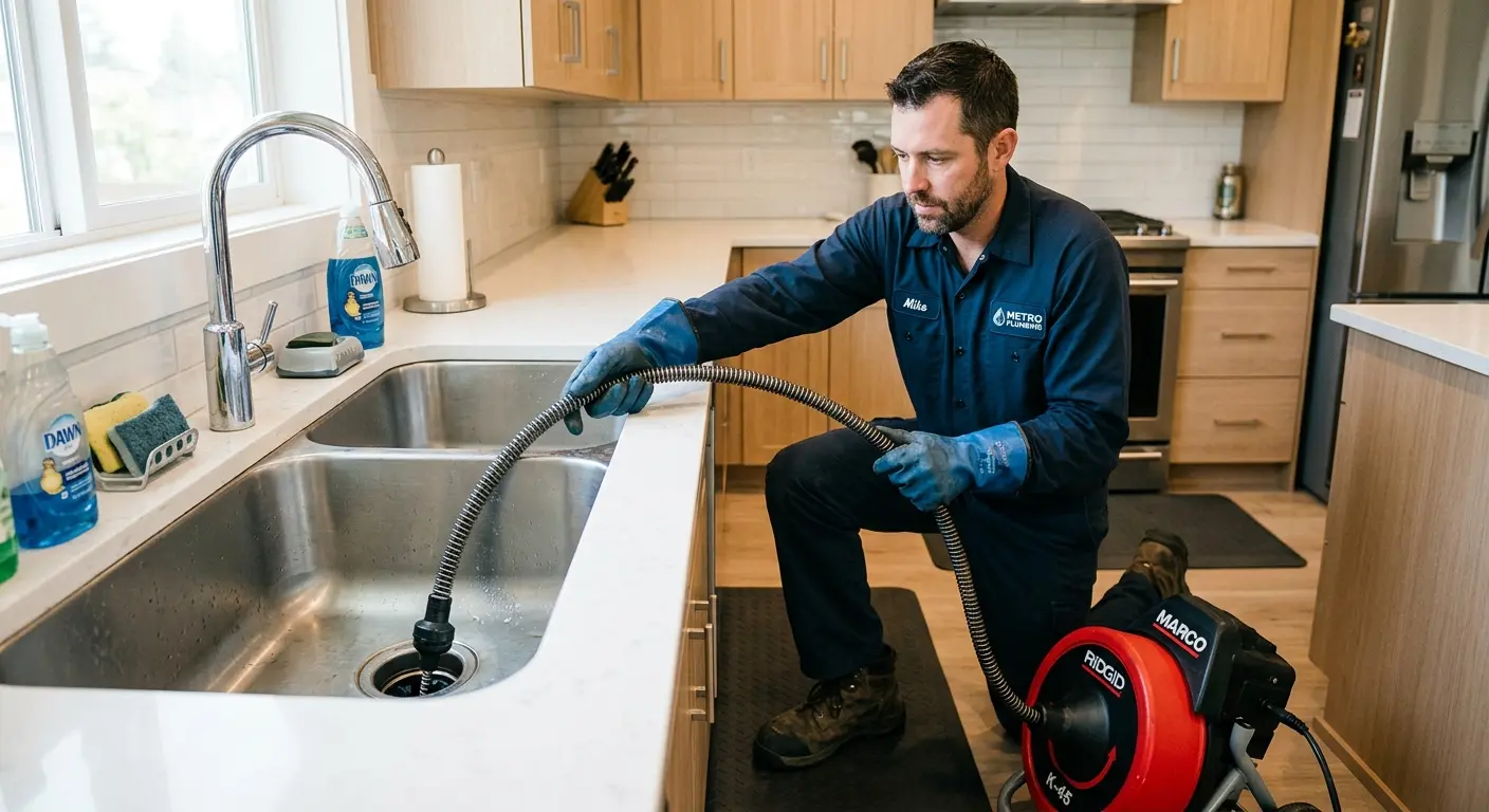Drain cleaning technician using a motorized snake on a kitchen sink in Rio Linda