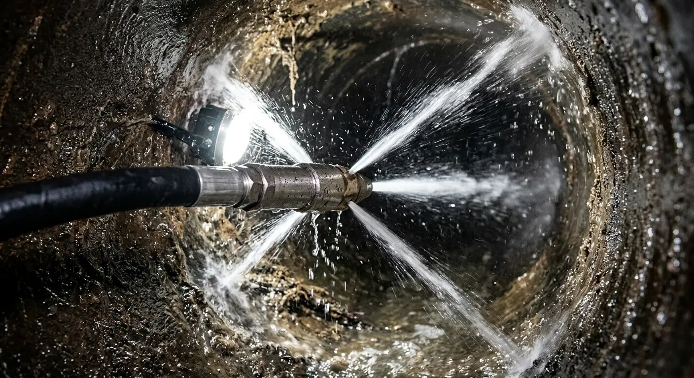 High-pressure hydro jetting nozzle cleaning sewer pipe for Emergency Drain Service in Rio Linda