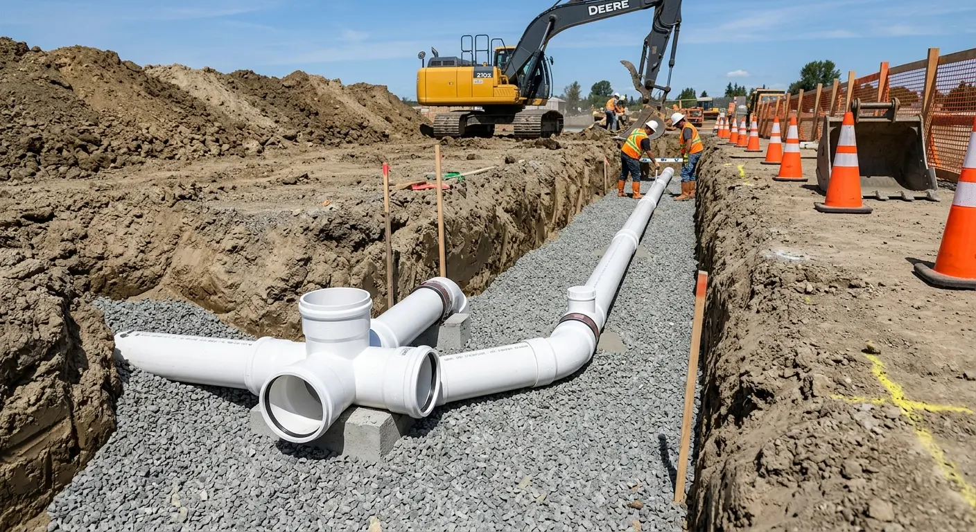New PVC sewer pipe installation in open trench for Sewer Backup in Rio Linda