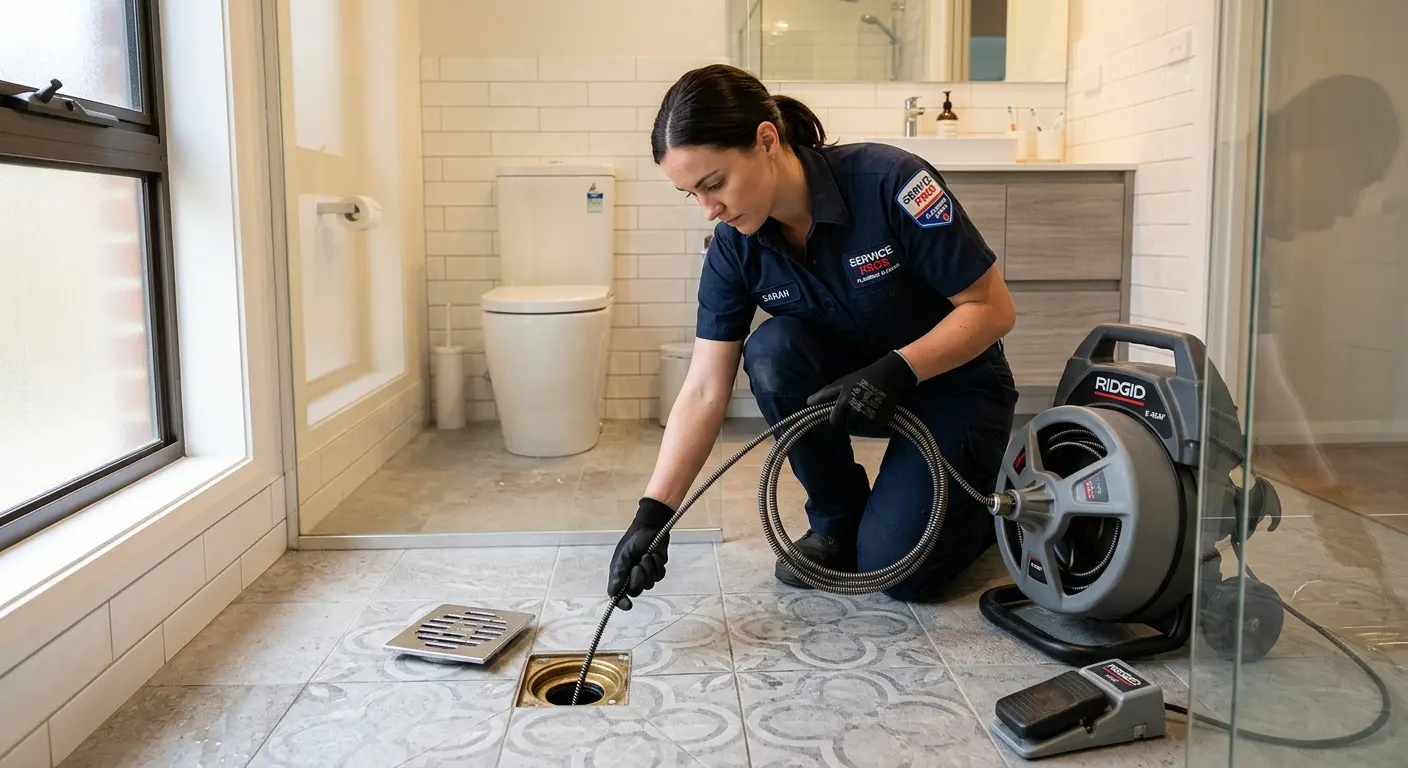Technician clearing a bathroom floor drain for Sewer Line Replacement in Rio Linda